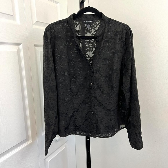 Antilia Femme Women's Black Long Sleeve Semi Sheer Button-Up Top - Picture 4 of 6